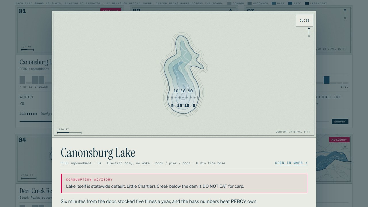 Canonsburg Lake's sheet: a contour plate of the lake, then a red consumption advisory about carp below the dam, then its acreage, depth and agency survey.